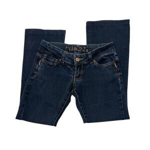 y2k rue21 dark wash cropped low rise flare jeans with copper details